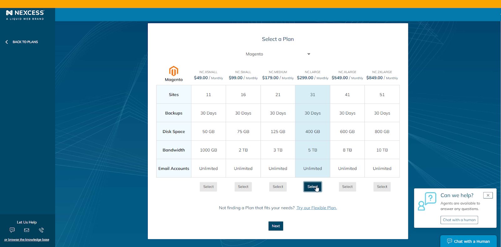 Once you've chosen your preferred technology, you'll be provided with a table similar to this, and you'll need to choose the size of the desired plan: