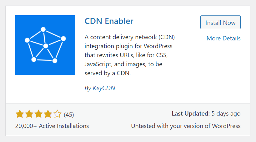 The CDN Enabler plugin will be shown in the search results. In the CDN Enabler tile, click the Install Now button.