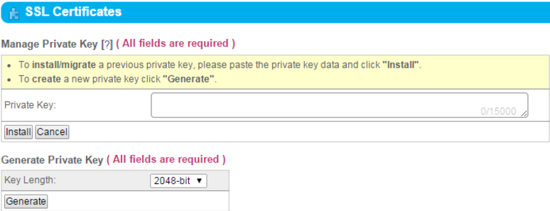 Manage Private Key screen