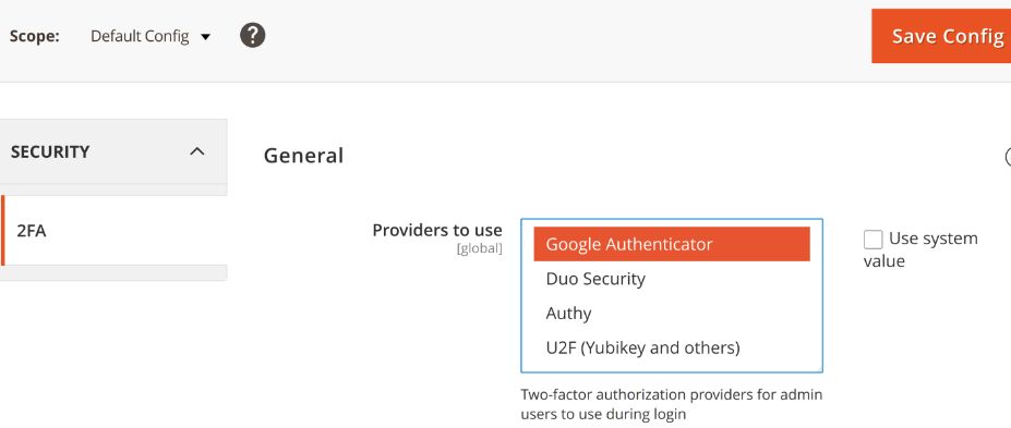 To configure your required 2FA provider(s), from your Magento Admin Panel, go to Stores > Settings > Configuration. Then, click on the Security tab and select 2FA. Under the General section, click the Provider(s) to use.