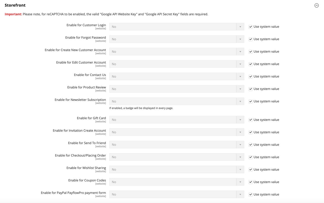 Expand Storefront and untick the Use system value checkbox and set Yes for Enable for Checkout/Placing Order to enable reCAPTCHA.