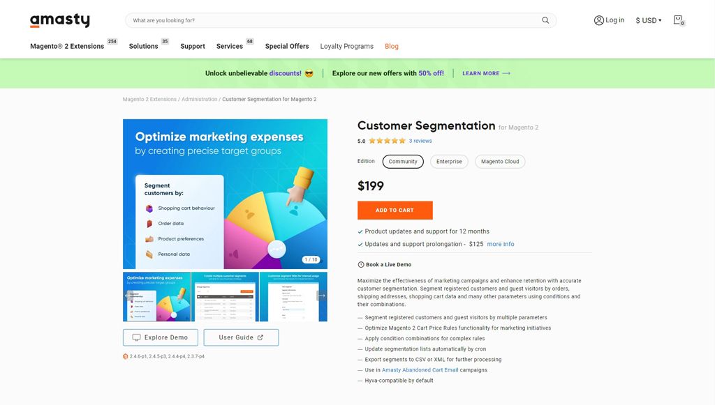 Screenshot of Magento automation tool Amasty Customer Segmentation's product page.