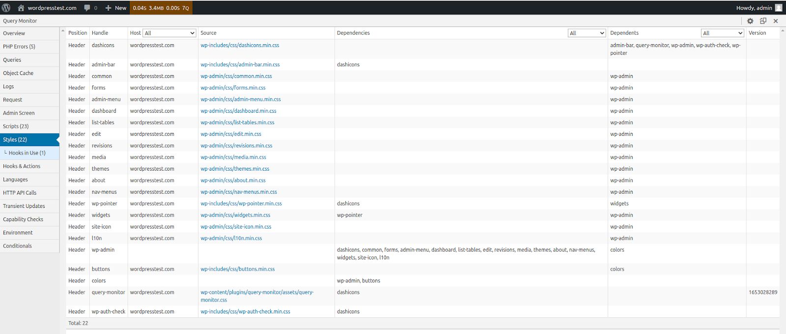 The Styles menu is very similar to the Scripts tab. It will display the same information about the WordPress CSS files that were loaded to compose the web page that is currently open. You can learn how different extensions impact your website performance and reduce the number of requests sent to the server during the content rendering process.