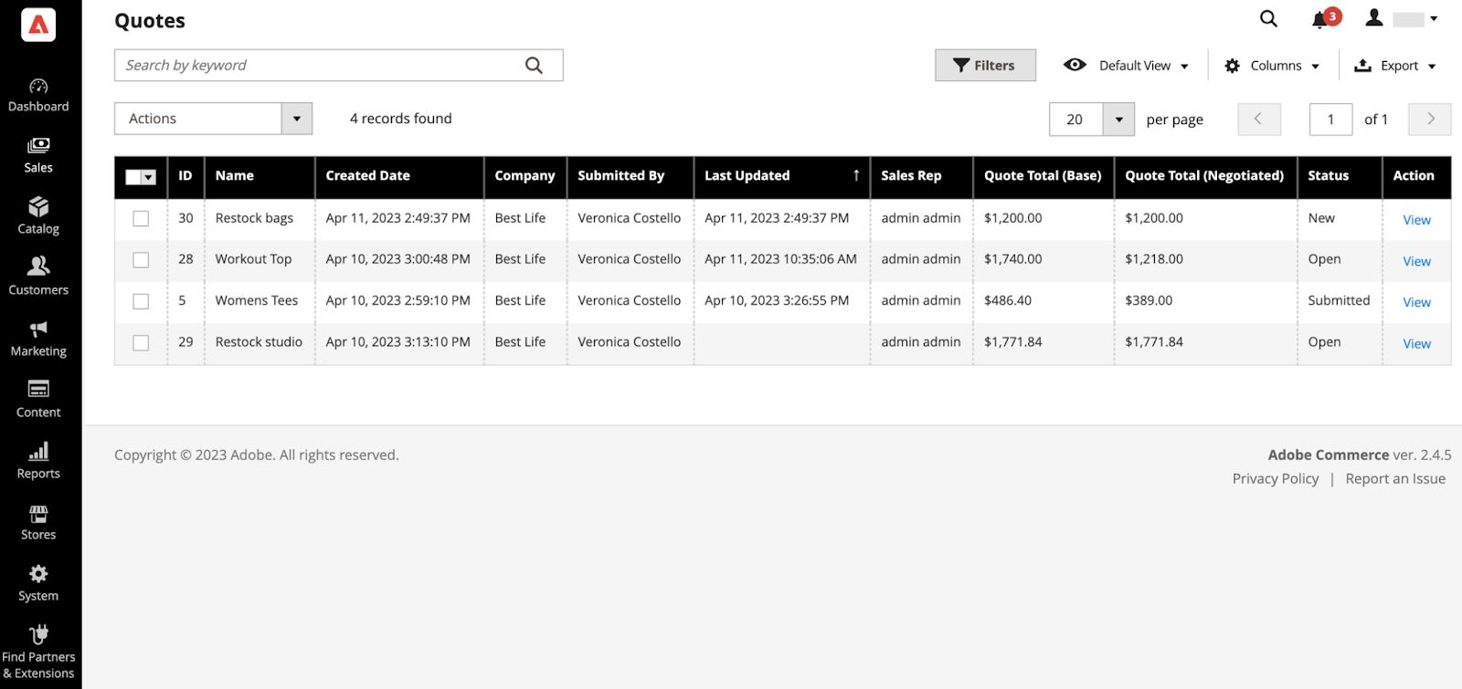 This dashboard page shows quote history and records in Magento B2B.