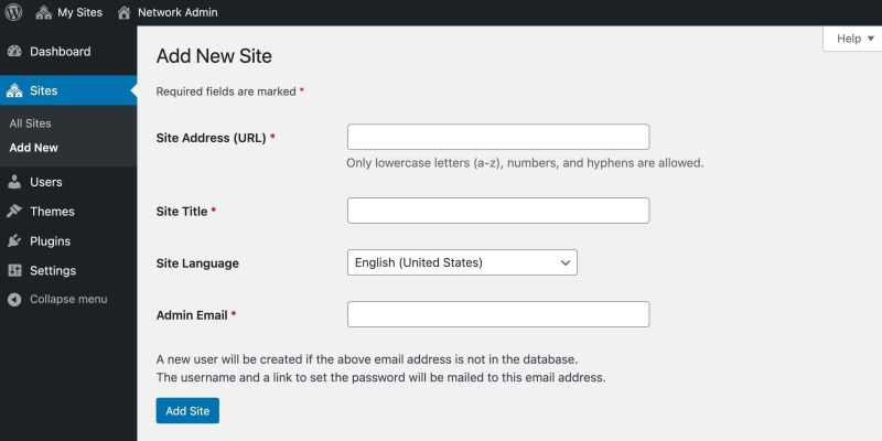 Click the Add Site button at the bottom of the page to set up domain mapping via WordPress Multisite