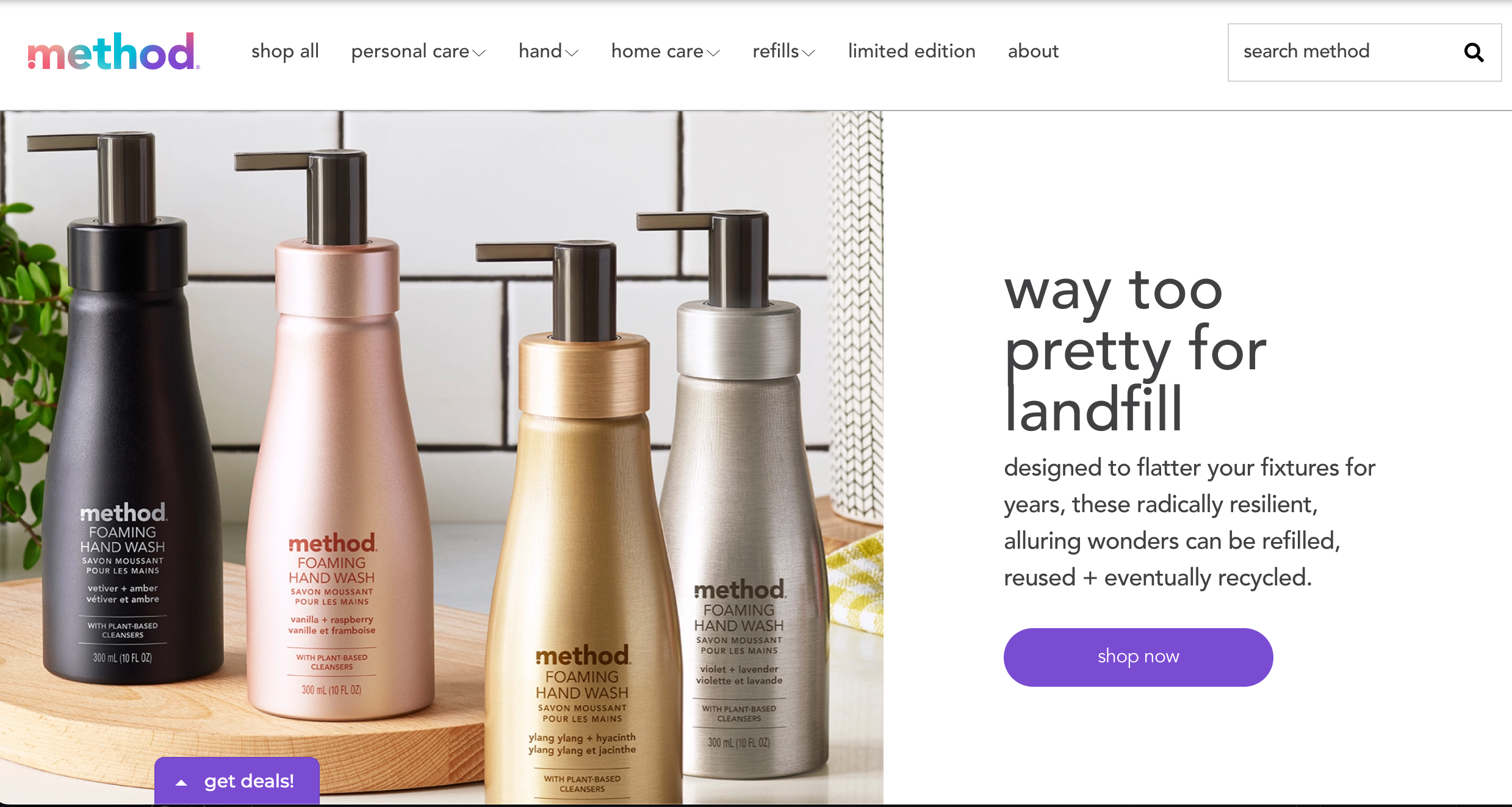 Method cleaning products homepage showing four bottles in different colors next to black text on a white background talking about the brand's packaging recyclability.