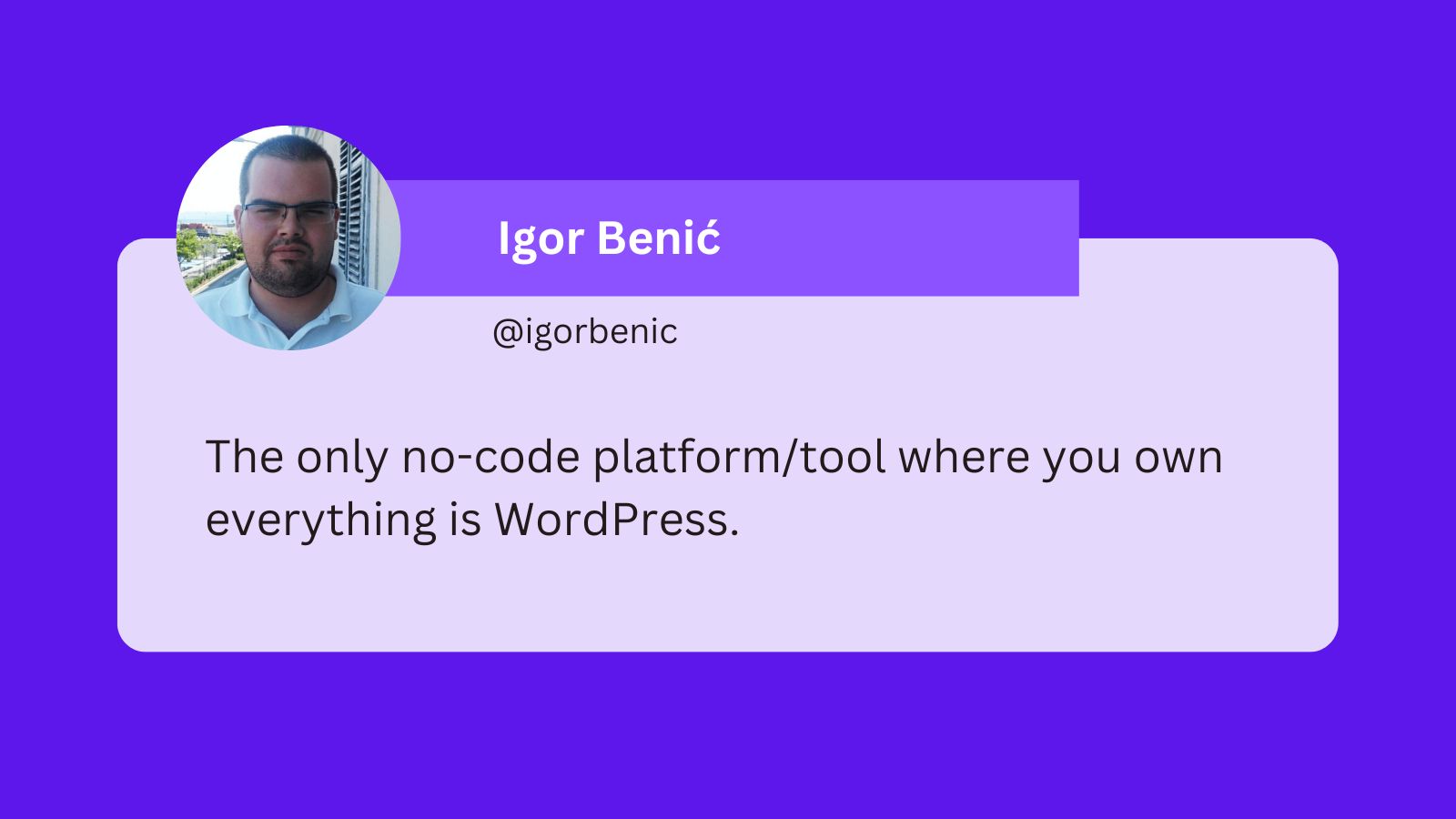 A tweet from Igor Benić that says: The only no-code platform/tool where you own everything is WordPress.