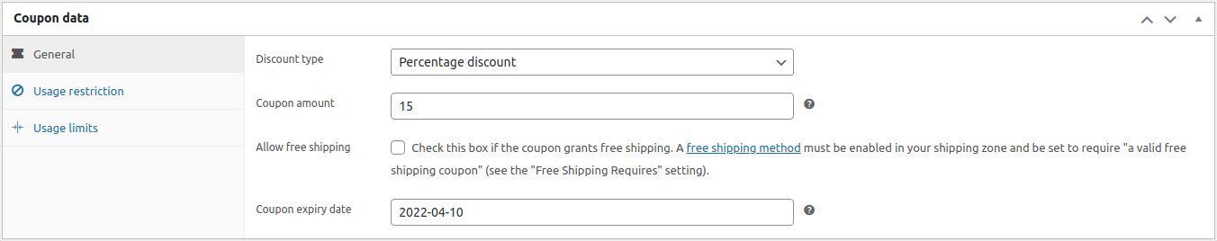 The Coupon data menu allows you to configure your coupons by adding some specific information about its usage, including what kind of a discount it provides and what it can be applied to. 