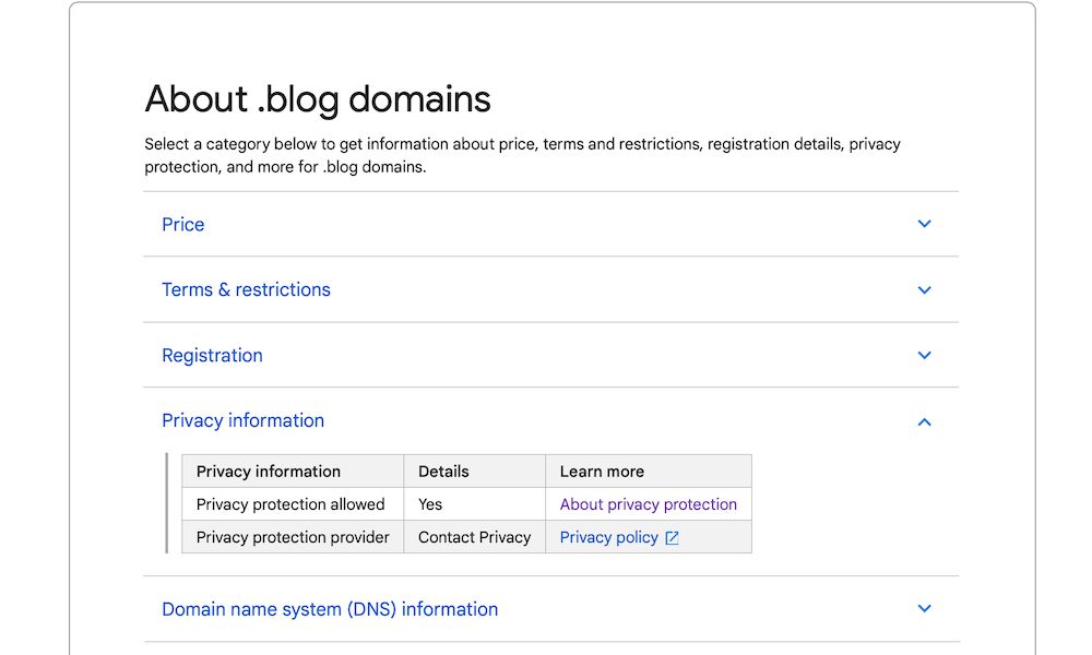 Privacy protection is allowed for the .blog domain ending. 