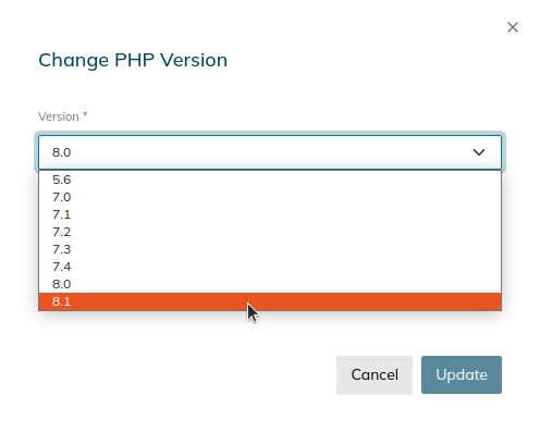 Click on Change PHP version. A separate window will appear allowing you to check PHP versions available and choose which one you would like to update to. 
