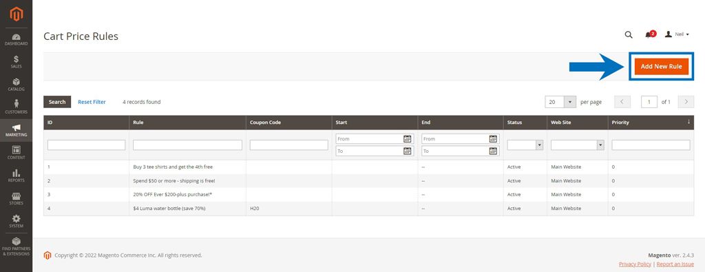 Create a new cart price rule in Magento 2.