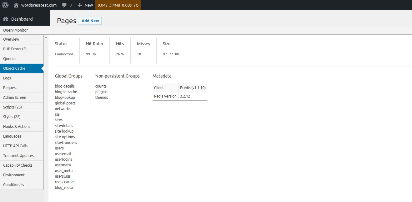 The Object Cache tab will display more information about the object cache solution powering your site. Using object cache can greatly improve your WordPress website performance by caching the results of database queries and some other operations. By default, WordPress does not present persistent object cache, but Nexcess allows you to leverage Redis caching options by having the Redis Object Cache plugin installed.