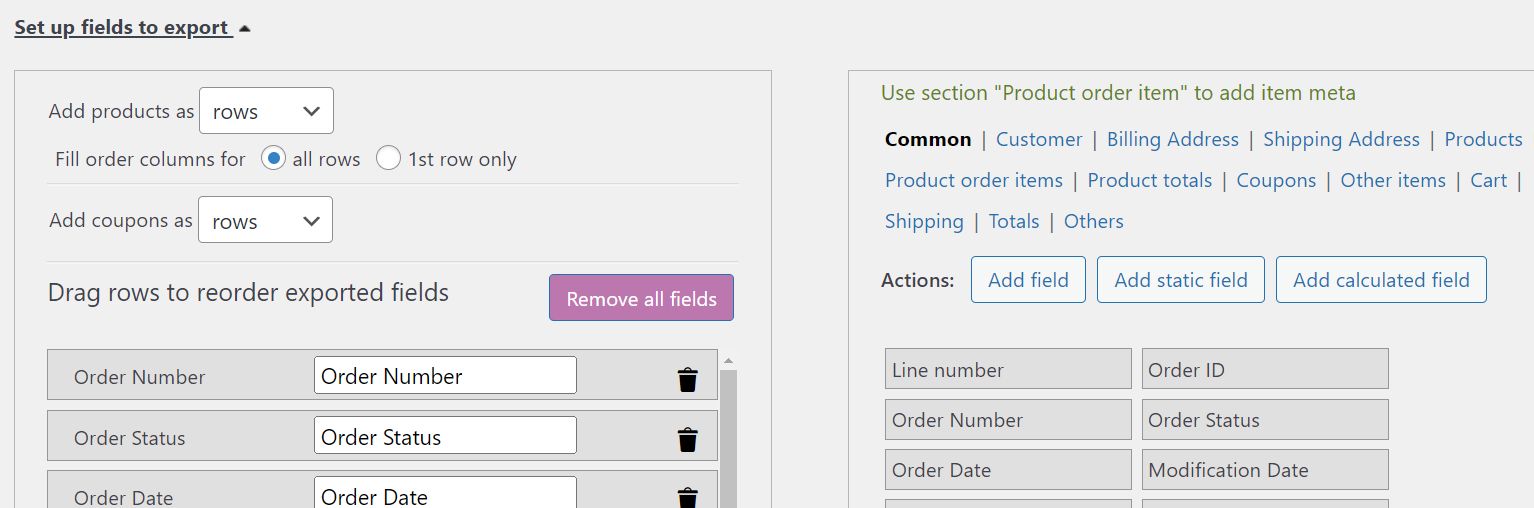 Once you expand the “Set up fields to export” section on the bottom of the page, you will see the following options.