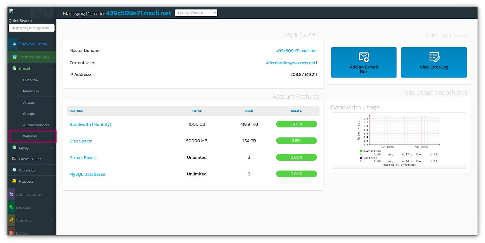 In SiteWorx, navigate to the Hosting Features > Email > Webmail option from the side menu or SiteWorx homepage.