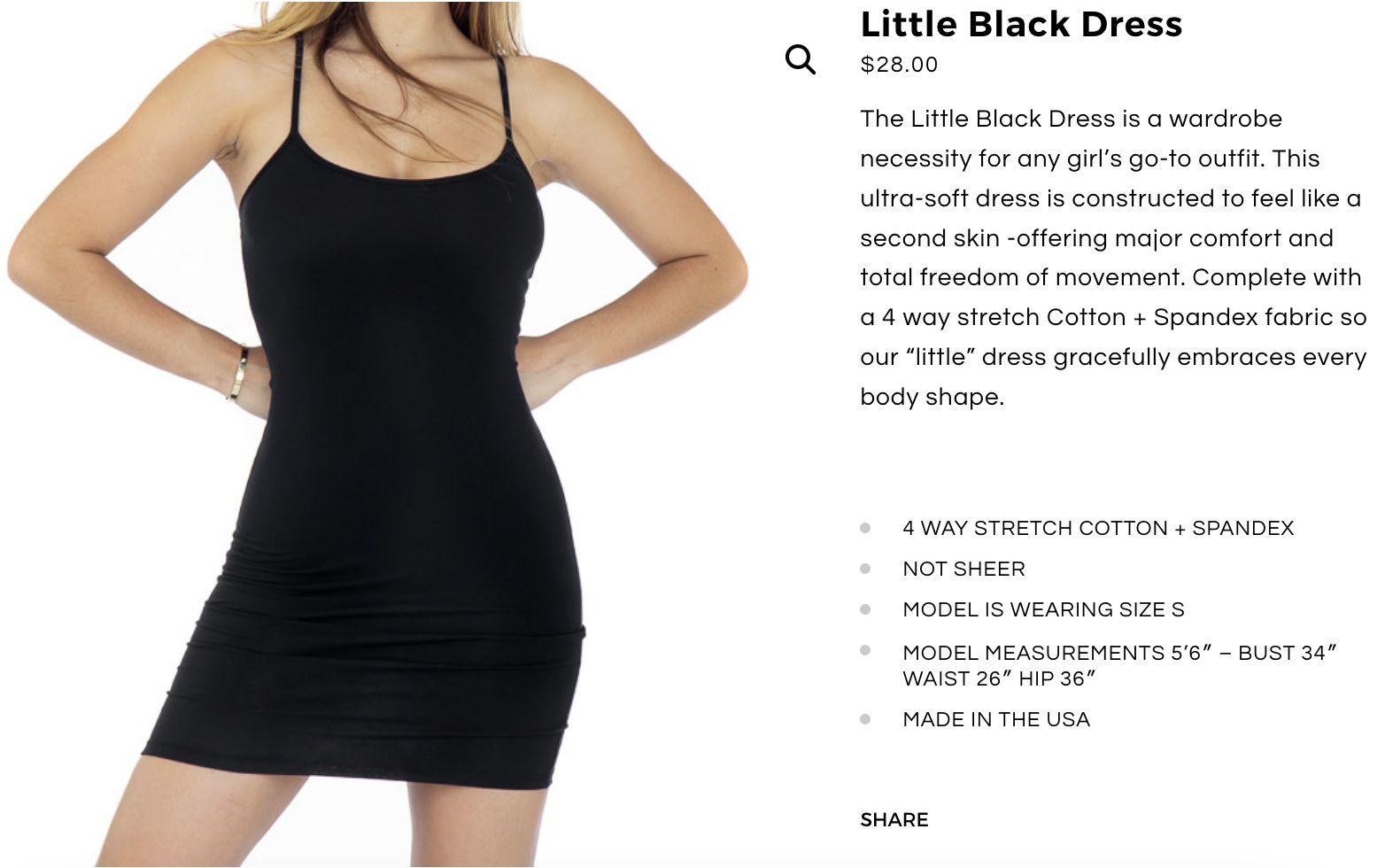 Black dress product photo and example description featuring text that targets a specific audience.