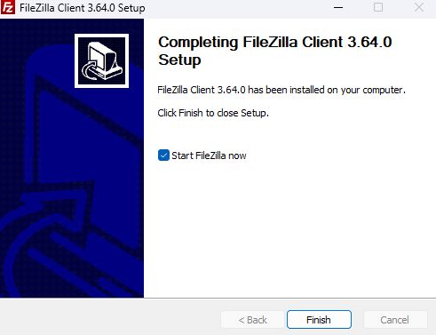 This screen indicates a completed setup of the FileZilla FTP client.