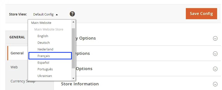 Choose a store view from the dropdown menu to initiate your locale setup.