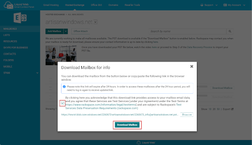 Click the checkbox to agree to the terms and press the Download Mailbox button.