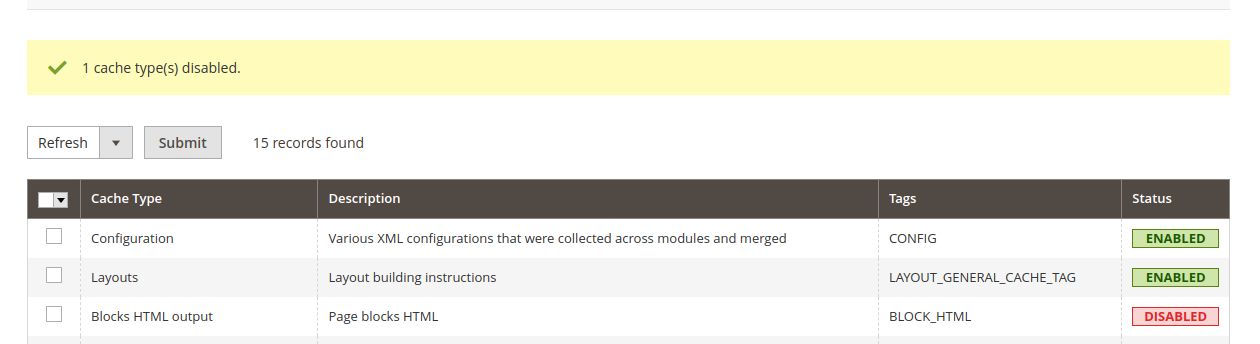 Output after cache is disabled