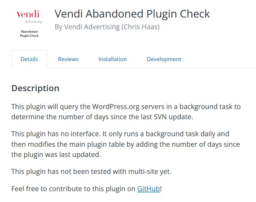 Vendi Abandoned Plugin check helps you track plugin updates.