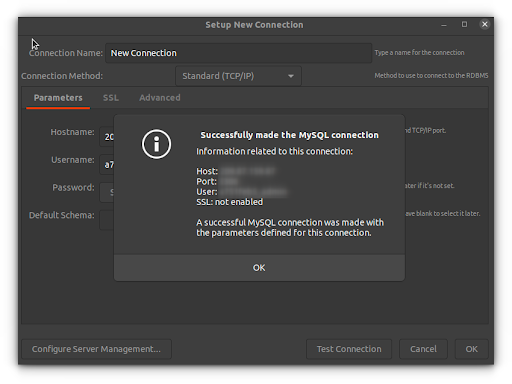 How to use MySQL Workbench to connect to a database — click OK to create the MySQL connection