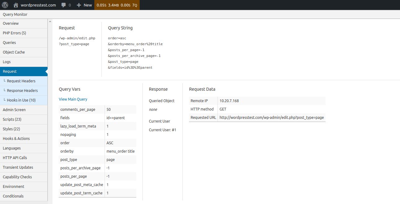 The Request manu shows the query variables for the current HTTP request, including the query string and variables. The Request and Response Headers tabs will show you more information on the request sent and the server response that followed.