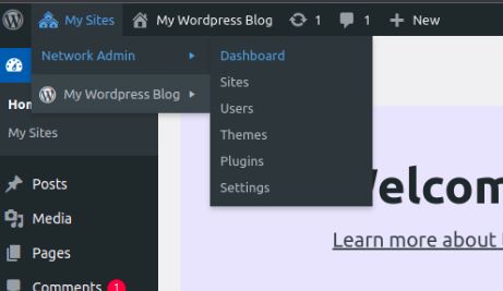 After logging into the wp-admin dashboard of the website, you will see a new menu option “My SItes’ on the admin bar. Go there and click the ‘Network admin >> Dashboard’ option.