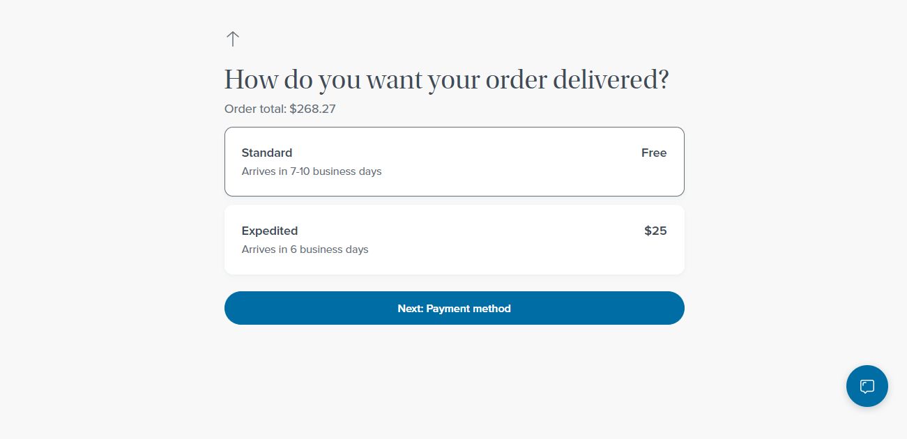 Warby Parker displays a delivery speed on its checkout page.