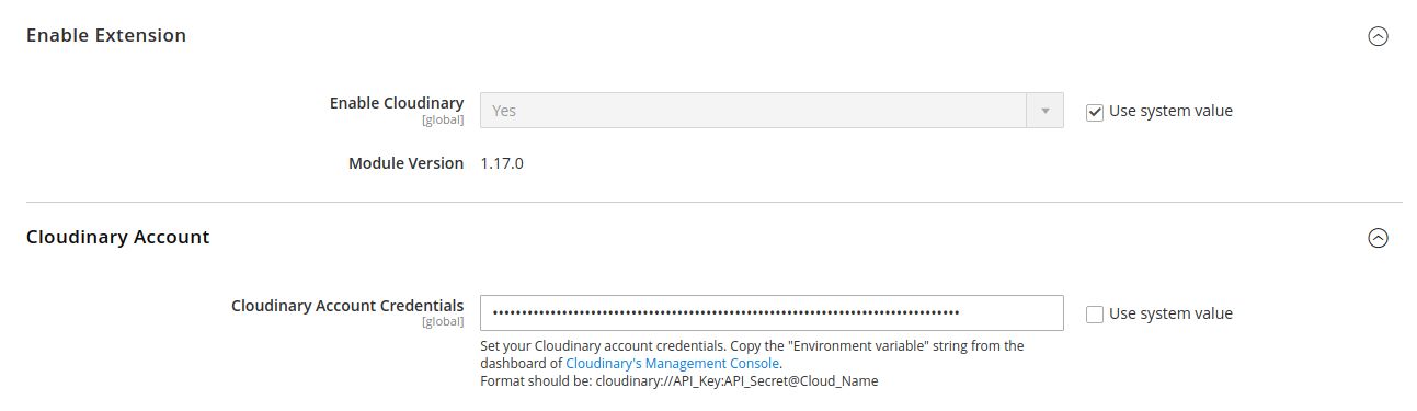 Paste the API Environment variable into the Cloudinary Account Credentials field and make sure Enable Cloudinary is set to Yes. Now we can click on Save Changes to submit our connection details.