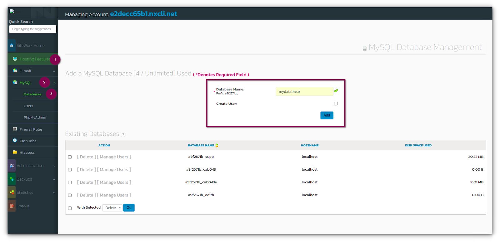 In the Database Name field, type the name of the new database. Do not use spaces or special characters, although you may use the "_" character to indicate a space, if necessary.