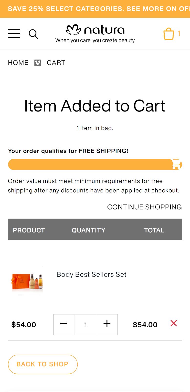 The mobile version of Natura’s ecommerce cart page is easy to navigate.