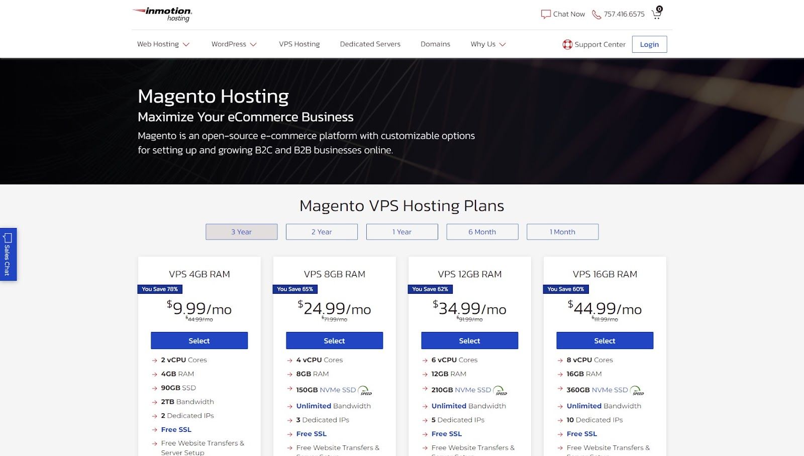 Screenshot of InMotion Hosting’s Magento hosting landing page.