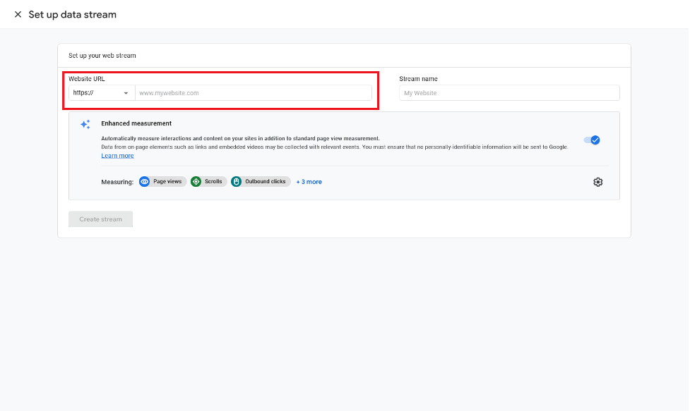 Setting up the data stream in Google Analytics.