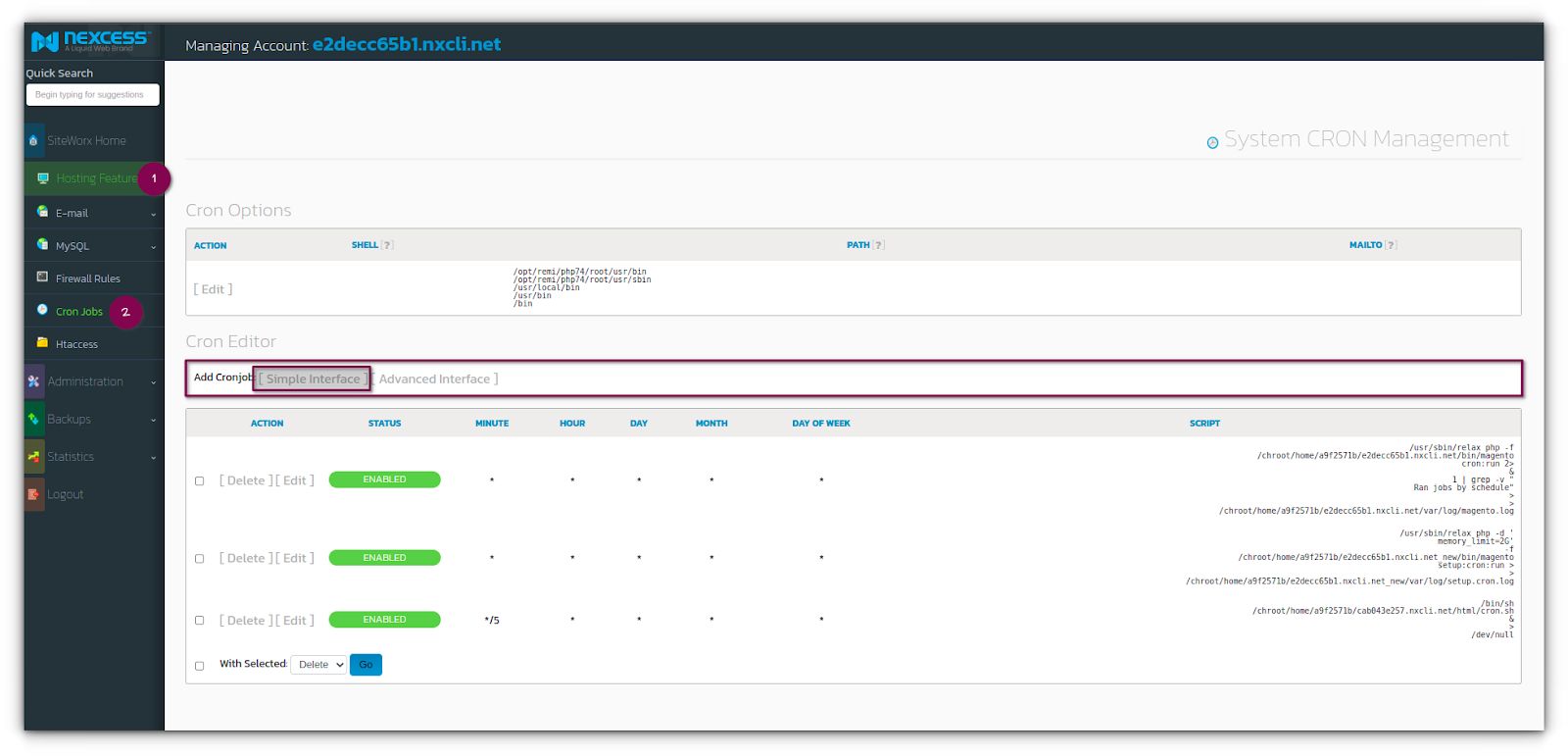 In the Cron Editor section of the System Cron Management page, click the Simple Interface option.