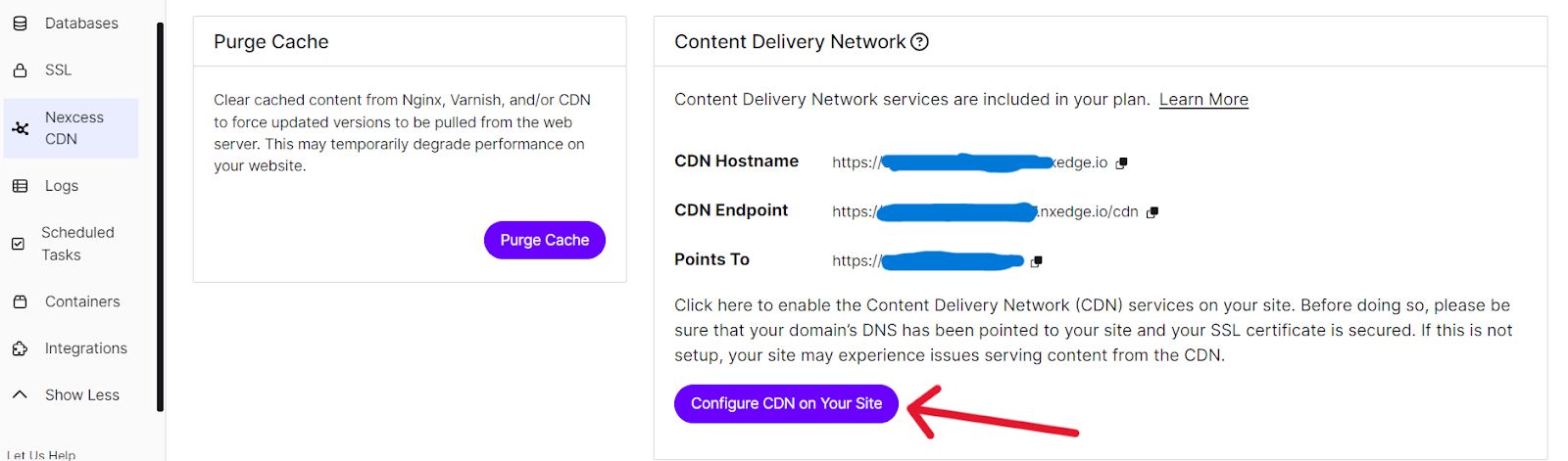 Button showing Configure CDN on Your Site.
