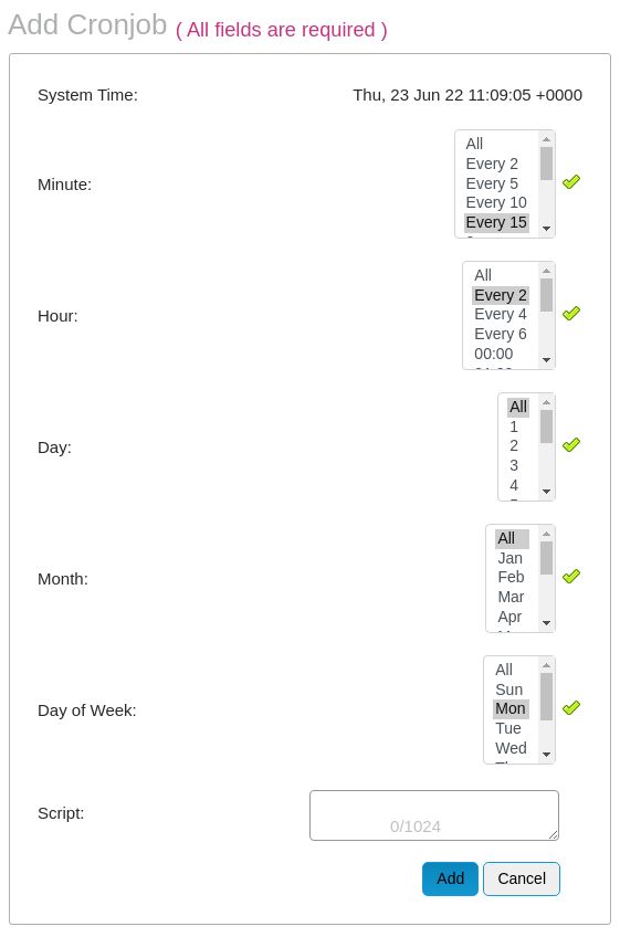 SiteWorx provides two crontab generation interfaces: Simple and Advanced. The Advanced interface provided by SiteWorx lets you to set up the scheduled tasks manually. The Simple interface is essentially a crontab generator that provides many options for scheduling cron jobs.