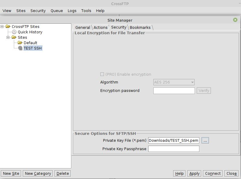 For the use of private key-based credentials, select your private key file (via the Security tab for your specified site) and (optional) private key passphrase and click the Connect button to connect to the host server you specified.