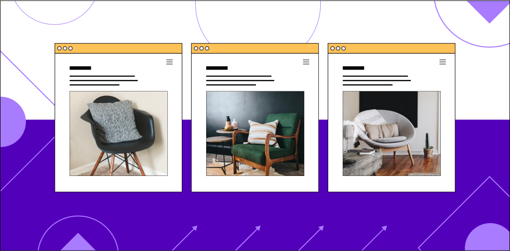 Three web browser windows with product images of chairs