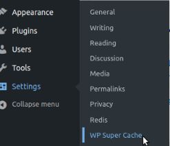 Log in to your WordPress dashboard and go to Settings > WP Super Cache.