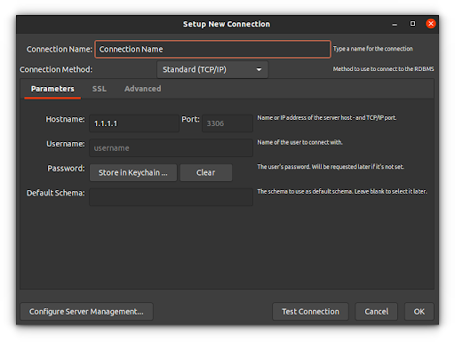 How to use MySQL Workbench to connect to a database — Setup New Connection window