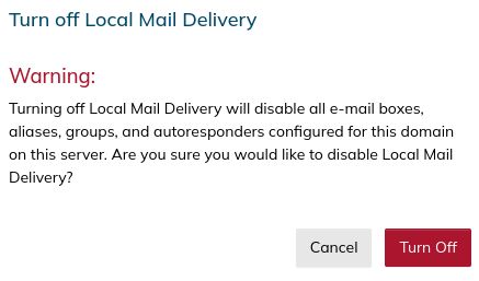 You will see a warning message similar to this when local email delivery is disabled. Click on Turn Off to continue.