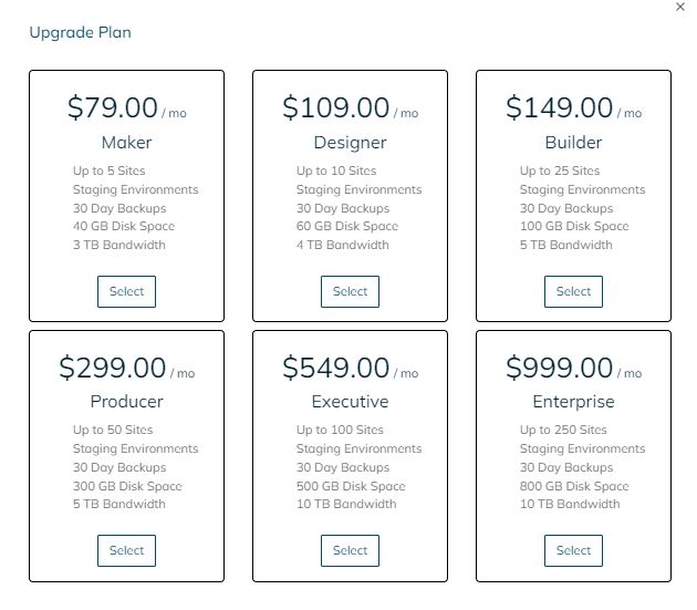 Clicking the Upgrade Plan menu option will open a popup window with possible upgrades for your plan. In this example, we can see the WordPress plan sizes and features.