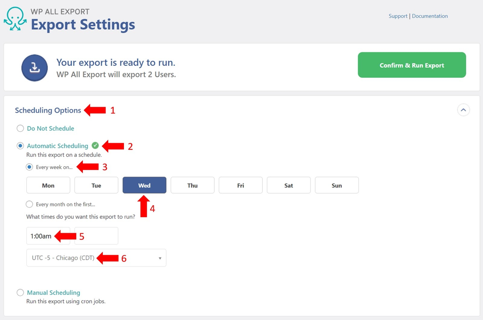 Setting the scheduling options in WP All Export