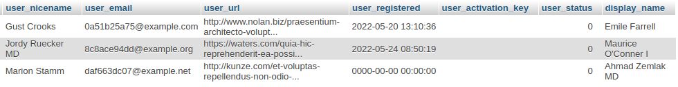 Here is an example of how Personally Identifiable Information (PII) is replaced during the dev site creation process. You will notice the fake names and email addresses in the updated WordPress users database table in this screenshot.