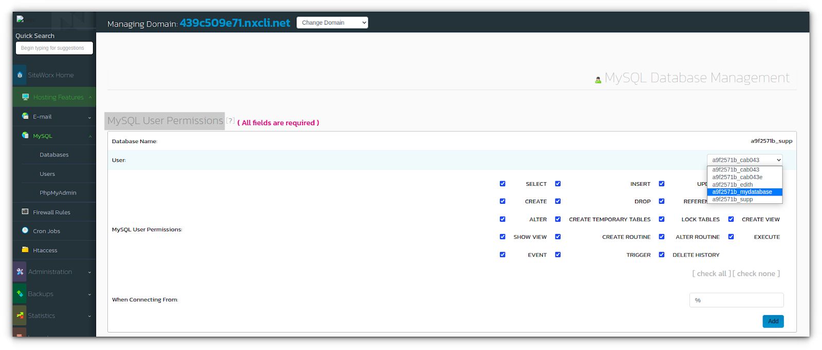 Click the Manage Users button next to the Database in the Existing Databases section. This action opens the User Permissions page.