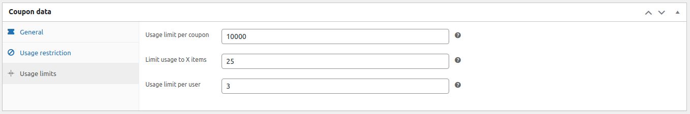 Usage Limits define the limits to the coupon usage when it comes to the number of activations and the number of items it can be applied to.