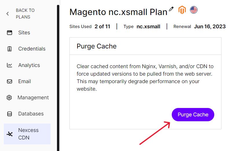 Arrow pointing to Purge cache.