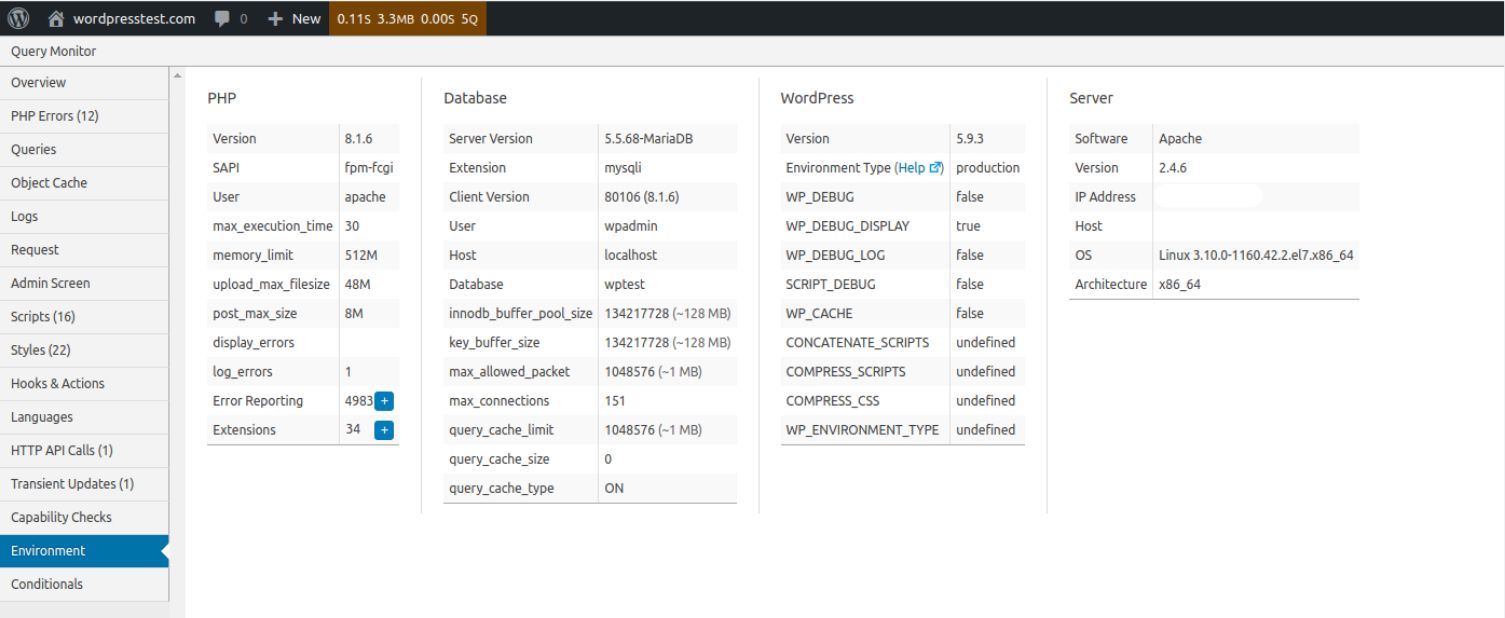 The Environments page displays the detailed information about your WordPress website hosting environment.