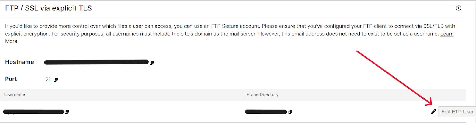 The red arrow indicates where to find the Edit FTP User button.