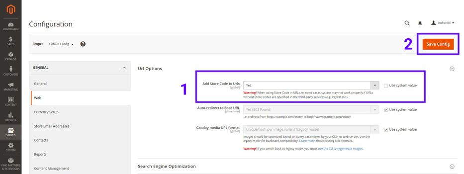 Screenshot of the Magento admin showing the steps to add the store code to the website base URL as explained on this page.